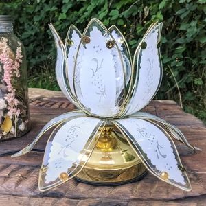 *SOLD* Lotus flower touch table lamp reverse etched glass panel corded electric